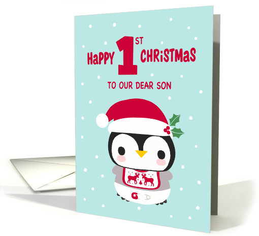 OUR Son's First Christmas with Baby Penguin with Bib and Diapers card