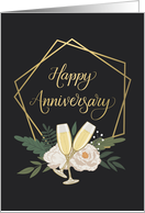 Happy Anniversary with Geometric Frame Champagne flutes and flowers card