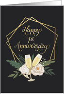 Happy 1st Anniversary with Geometric Frame Wine Glasses and Peonies card