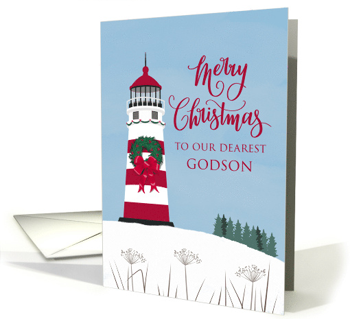 OUR Godson Merry Nautical Christmas with Bow on Lighthouse card