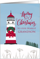 OUR Grandson Merry Nautical Christmas with Bow on Lighthouse card