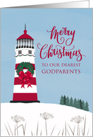 OUR Godparents Merry Nautical Christmas with Bow on Lighthouse card