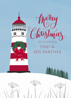 Dad and Partner Merry Nautical Christmas with Bow on Lighthouse