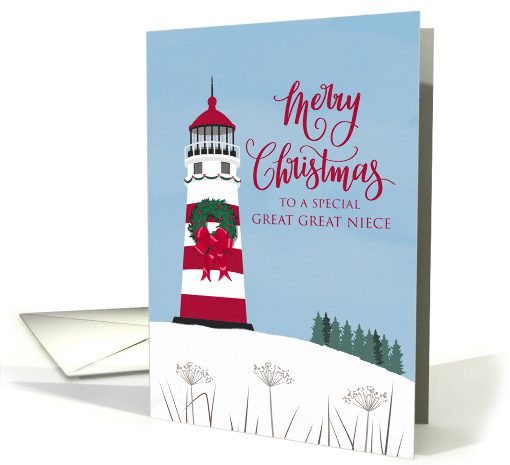 Great Great Niece Merry Nautical Christmas with Bow on Lighthouse card