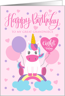 8th Birthday My Great Grandniece Unicorn Sitting On Rainbow card