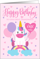 1st Birthday OUR Great Grandniece Unicorn Sitting On Rainbow card