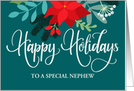 Customizable Happy Holidays to Nephew with Poinsettias and Berries card