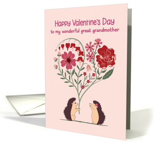 Great Grandmother for Valentine's Day with Hedgehogs and Flowers card