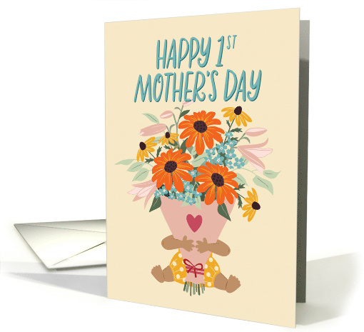 1st Mother's Day with Medium Skin Tone Baby holding Flowers card
