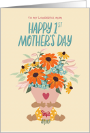 1st Mother’s Day for Mum with Medium Skin Tone Baby holding Flowers card