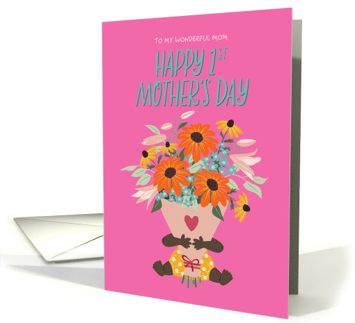 1st Mother's Day for Mom with Dark Skin Tone Baby holding Flowers card