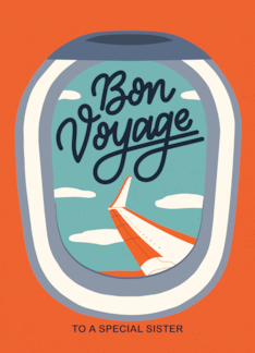 Bon Voyage to Sister with Retro Airplane Window of the Plane Wing