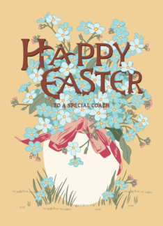 Happy Easter to Coach with White Egg of Forget Me Not Flowers