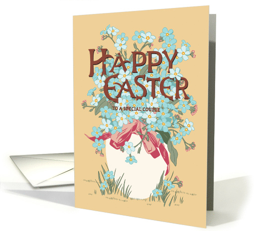 Happy Easter to Couple with White Egg of Forget Me Not Flowers card