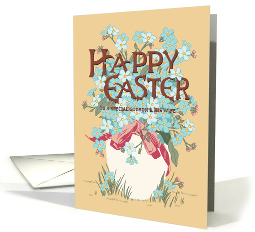 Happy Easter to Godson and Wife with Egg of Forget Me Not Flowers card