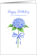 Happy Birthday Step Mum with Watercolor Blue Hydrangea with Ribbon Bow card