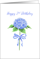 Happy 2nd Birthday with Watercolor Blue Hydrangea with Ribbon Bow card