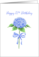 Happy 12th Birthday with Watercolor Blue Hydrangea with Ribbon Bow card