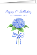 Happy 7th Birthday Niece with Watercolor Blue Hydrangea with Bow card