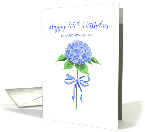 Happy 44th Birthday Niece with Watercolor Blue Hydrangea with Bow card