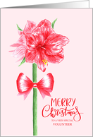 Merry Christmas Volunteer with Watercolor Red Amaryllis Flower and Bow card