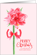 Merry Christmas Aunt and Uncle with Watercolor Red Amaryllis and Bow card