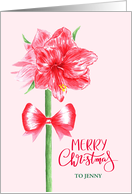 Merry Christmas Custom Name with Watercolor Red Amaryllis and Bow card