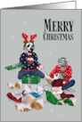 Merry Christmas Dalmatian and Cat Unwrapping Presents card