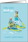 Birthday for Kids Dalmatian and Cat Stand Up Paddle Boarding card