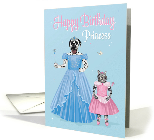 Birthday for Girl Cute Dalmatian and Cat Dressed as Princesses card