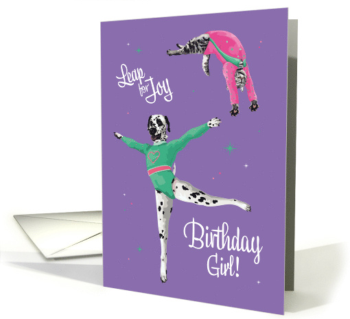 Birthday for Girl Gymnast Dalmatian and Cat Leaping for Joy card