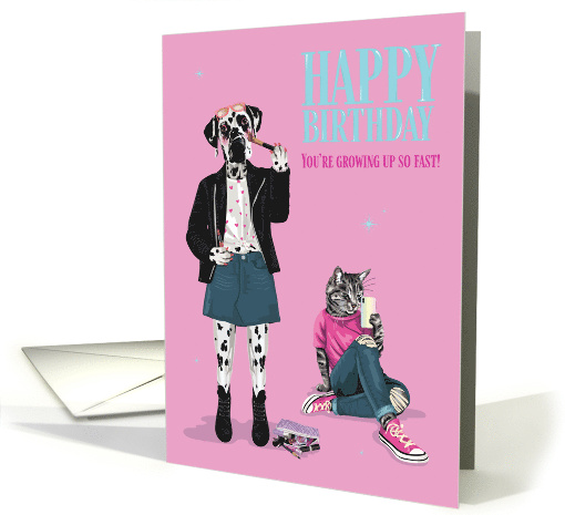 Birthday for Girl Fashionista Dalmatian and Cat Growing up Fast card