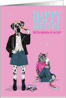 Birthday for Girl Fashionista Dalmatian and Cat Growing up Fast card