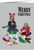 Merry Christmas Dalmatian and Cat Unwrapping Presents card