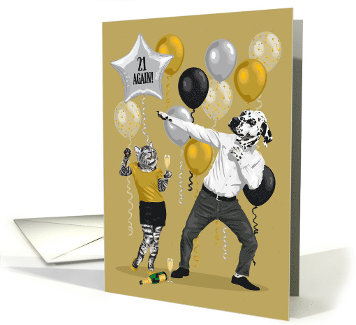 Birthday Milestone Age Dalmatian and Cat Young at Heart 21 Again card