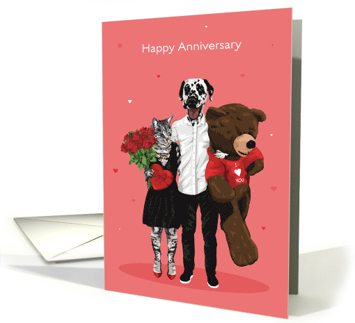 Happy Anniversary Dalmatian and Cat Date Night with Giant Teddy card