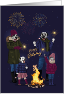 Birthday for Her Dalmatian and Cat Around Bonfire with Sparklers card