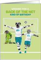 Birthday Dogs and Cat Celebrate Goal in Back of the Net in Soccer Game card