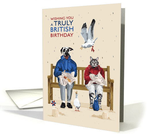Birthday Dalmatian and Cat Eating Fish and Chips Seaside... (1884284)