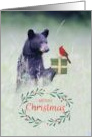 Christmas Bear with Gift and Cardinal Red Bird Animal Lover card