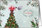 Festive Merry Christmas Hummingbird Bee Balm topped Tree Bird Lover card