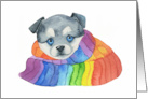 Watercolor Puppy Wrapped in Rainbow Scarf Holiday Christmas Pride LGBT card