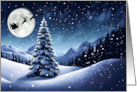 Snowy Night Sky Scene with Santa in Front of Moon Holiday Christmas card