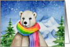 Holiday Festivus Polar Bear in Snow Wearing Rainbow Scarf and Earring card