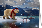 Christmas Polar Bear Walking on Snow Wearing Santa Hat Mountains Water card