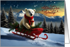 Christmas Holiday Polar Bear with Red Scarf Sledding Down Mountain card