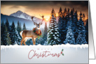 Christmas Holiday Deer with Wreath Pine Trees Snow Mountains Sunset card