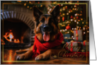 Christmas Holiday German Shepherd Dog with Red Scarf and Fireplace card