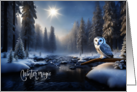 Holiday Christmas Snowy Owl Sitting on Log over River Winter Magic card