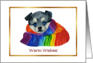 Warm Wishes Watercolor Puppy Wrapped in Rainbow Scarf Holiday card